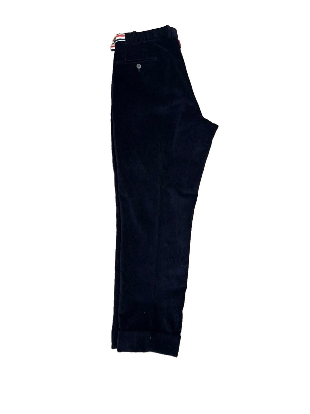Thom Browne Black Corduroy Tapered Pants with Signature Stripe Waist